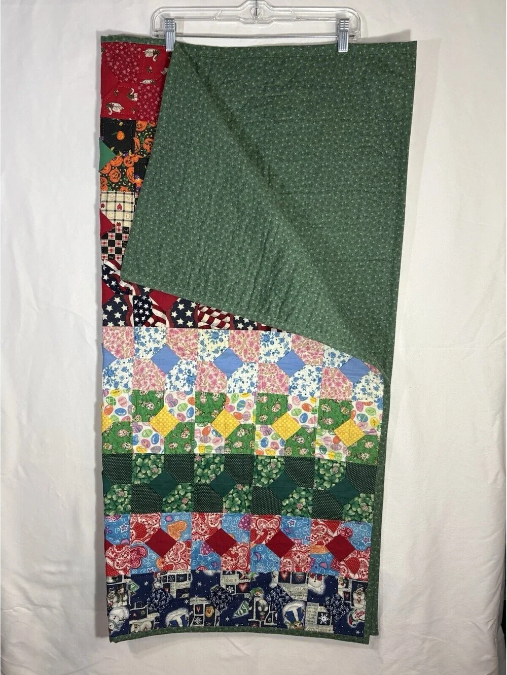 Vintage Handmade Holiday Sampler Patchwork Quilt 43x42 Christmas Halloween USA